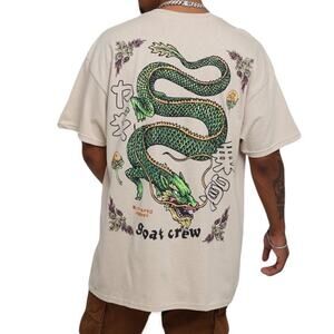 NWOT GOAT CREW Tshirt Mens M Graphic Dragon Beige Green Short Sleeve Y2K Edgy
